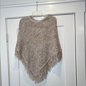 Umgee Open-Knit Fringe Sweater shawl in Taupe and Cream size M/L.
